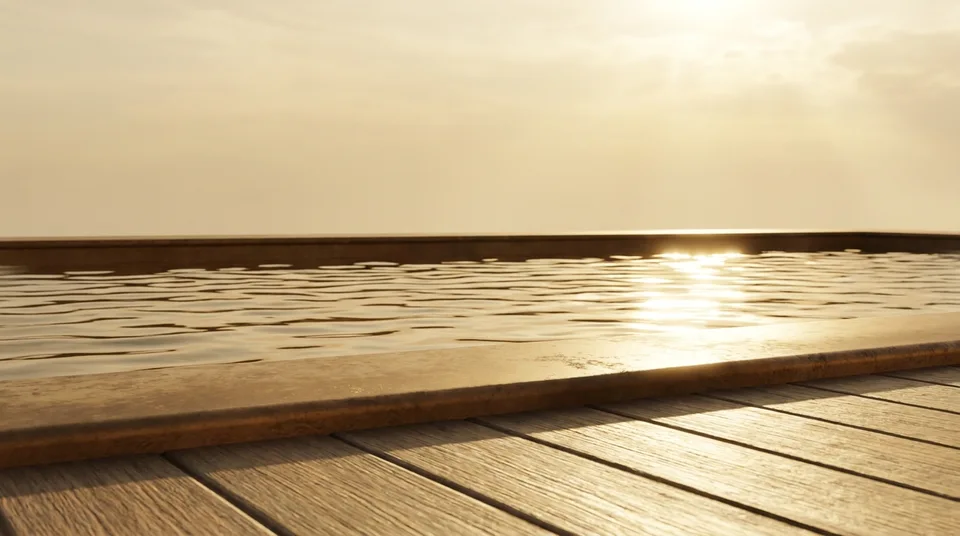 Sunlit outdoor pool scene with a bronze coping edge, gold-warmed water carrying a bright sun-glint, and an open warm sky above.