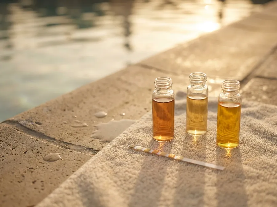 Poolside water-test kit with glass vials of color-graded liquid, resting beside a sunlit pool edge.